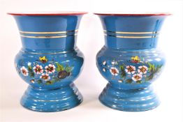 A pair of enamel wine coolers, of bellied Campana form,