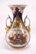 A 19th century German porcelain vase painted with two figures within gilt cartouche