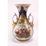 A 19th century German porcelain vase painted with two figures within gilt cartouche