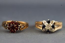 A yellow and white metal cluster ring set with sapphires and diamonds, hallmarked 9ct gold, 1975,