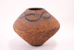 A Studio pottery stoneware vase decorated with a band of incised snakes,