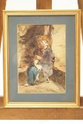 P F Poole, watercolour, sketch of a seated lady weaving, signed P F Poole, bottom left,