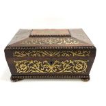 A William IV rosewood and brass inlaid sewing box, the top opening to reveal a fitted tray,