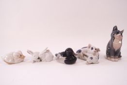 Five Royal Copenhagen figures, two ducks, No 516 and No 1924, rabbits, No 518,