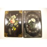 Two 19th century papier mache blotters each painted with flowers