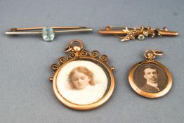 A collection of Jewellery to include two gemset bar brooches and two open locket pendants.