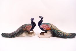 A pair of Continental glazed stoneware figures of peacocks,