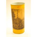 A waste paper bin with applied 19th century print on a yellow ground,