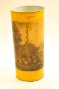 A waste paper bin with applied 19th century print on a yellow ground,