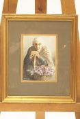 J Rushton, watercolour of a seated elderly lady,