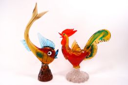 A Murano glass figure of a cockerel on a flared base, 33cm high, and another of a fish,