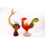 A Murano glass figure of a cockerel on a flared base, 33cm high, and another of a fish,