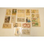 Postcards : 18 USA hand painted/drawn cards, including comedy, children,