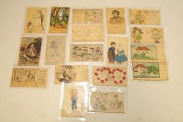 Postcards : 18 USA hand painted/drawn cards, including comedy, children,