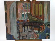 20th century English School, Interior scene of the music room with harpsichord, oil on canvas,