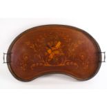 An Edwardian inlaid mahogany kidney form tray with brass gallery and twin handles,