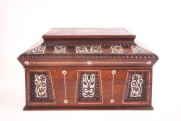 A 19th century rosewood and mother of pearl inlaid sarcophagus form sewing box,