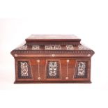 A 19th century rosewood and mother of pearl inlaid sarcophagus form sewing box,