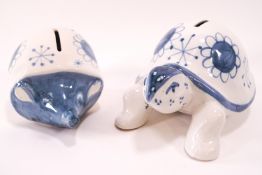 Two Rye Pottery money boxes - Tortoise and Hedgehog, together with a figure of Greyhounds,