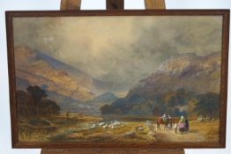 English School, mid 19th century, Figures and sheep in an extensive landscape,