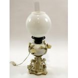 A Moore Brothers china oil lamp, c 1880, modelled as Cupid's Forge,