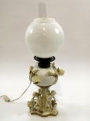 A Moore Brothers china oil lamp, c 1880, modelled as Cupid's Forge,