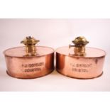 Two P J Bryant of Bristol copper oil lamp reservoirs,