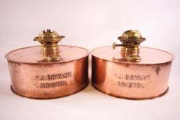 Two P J Bryant of Bristol copper oil lamp reservoirs,