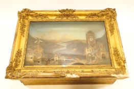 A 19th century Continental clockwork framed and glazed automation diorama scene of a river valley