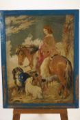 A Victorian Berlin woolwork of a lady on horseback with dogs in a landscape,