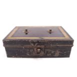 A 19th century tole piente cash box style spice box with six containers, all labelled,