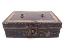 A 19th century tole piente cash box style spice box with six containers, all labelled,