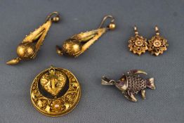 A collection of Jewellery to include a pair of earrings, an articulated enamel fish pendant,