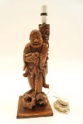 A carved Chinese carved hardwood figure table lamp, circa 1920,