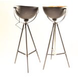 A pair of industrial style uplighters, with large semi circular shades, 137cm high,