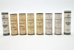 Eight single malt miniatures, including Laphroaig (10 years), Balverine Founders Reserve (10 years),