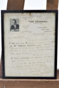 Tom Newman, Billiard champion, signed letter,