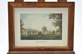A collection of five framed cricket prints, including 'Opening the Match', 'A Match at Hambledon',