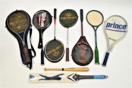 A child's Slazenger cricket bat, a Dunlop Max 300i graphite injection tennis racquet,