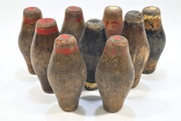 A set of wooden skittles, c1960, in crate (ex- The Joliffe Arms at Kilmersdon), 25cm high,