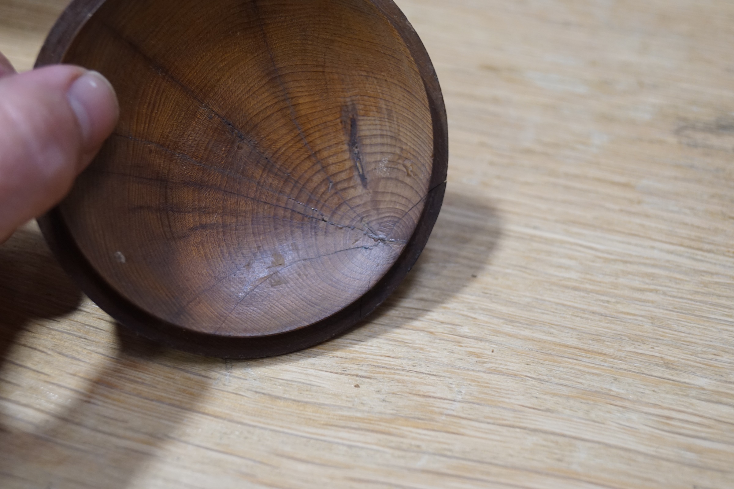 A pair of 19th century turned yew urns and covers, on square plinth bases, 13cm high, - Image 5 of 6