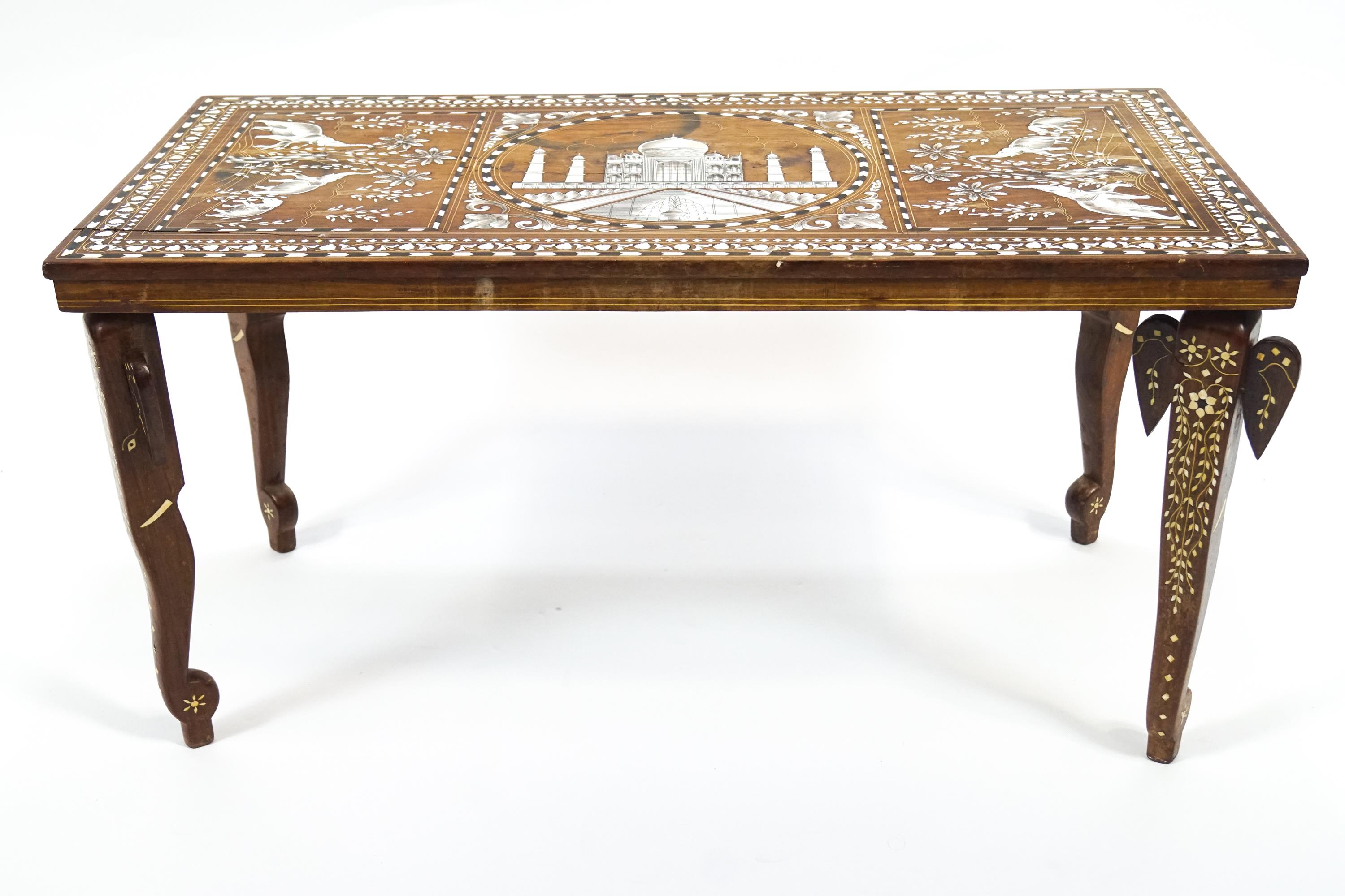 An Indian teak coffee table inlaid with camel bone and ebony with a central panel of the Taj Mahal - Image 3 of 4