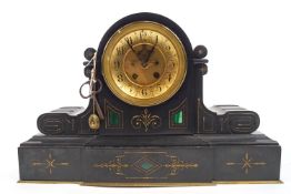 A Victorian black slate and malacite inlaid mantel clock,