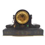 A Victorian black slate and malacite inlaid mantel clock,