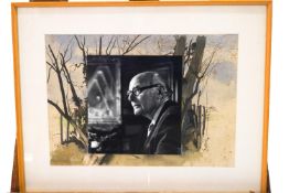 A photograph of Laurence Irving, framed in front of a pen and watercolour sketch,