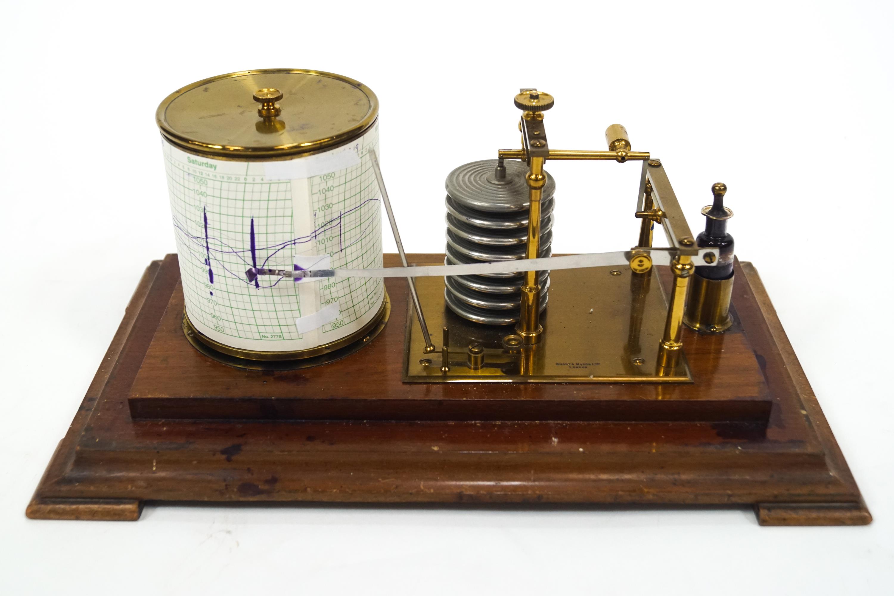 A mahogany and glass cased lacquered brass Barograph, marked Short and Mason Ltd, London, - Image 2 of 3