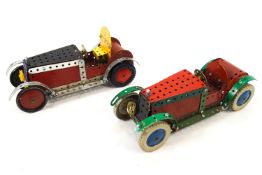 Two vintage Meccano cars 230mm X 110mm X 140MM and a vintage Meccano pump