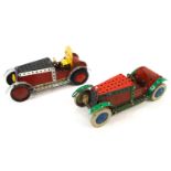 Two vintage Meccano cars 230mm X 110mm X 140MM and a vintage Meccano pump