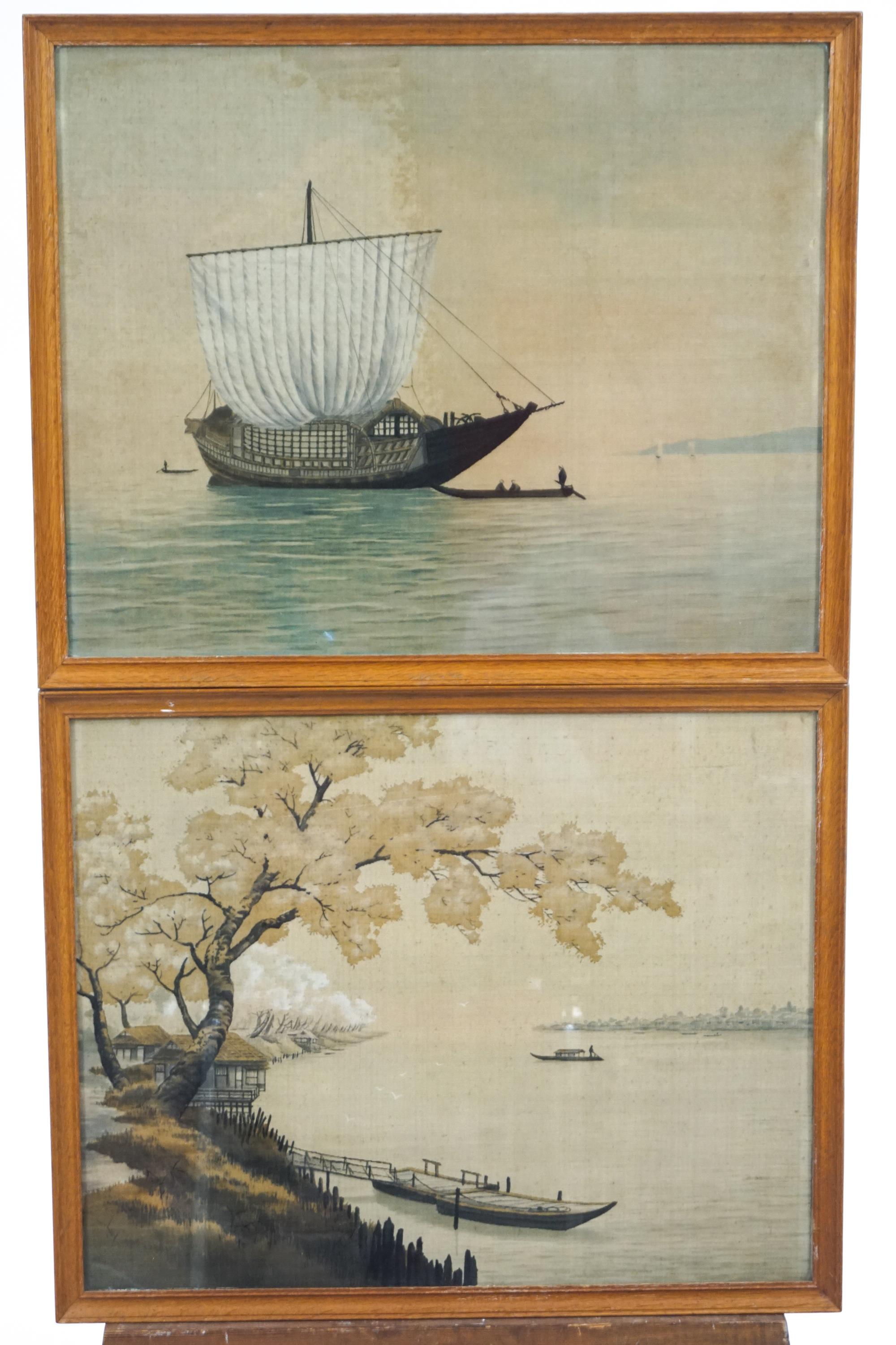 A pair of Japanese paintings on silk depicting boats fishing on a river and an estuary 42cm X 53cm