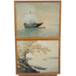 A pair of Japanese paintings on silk depicting boats fishing on a river and an estuary 42cm X 53cm